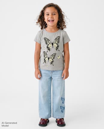 Toddler Girls Applique Butterfly Wide Leg Jeans - OLLY WASH