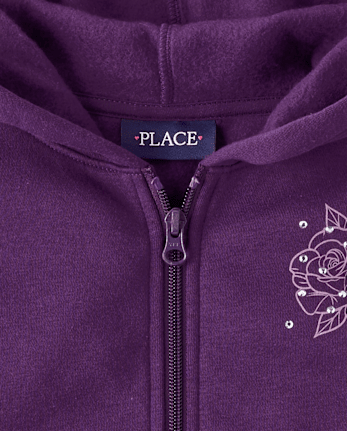 Girls Studded Rose Premium Fleece Zip Up Hoodie