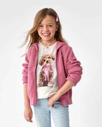 Sweat à capuche court zippé en polaire premium orné pour filles - VINTAGE ROSE CL