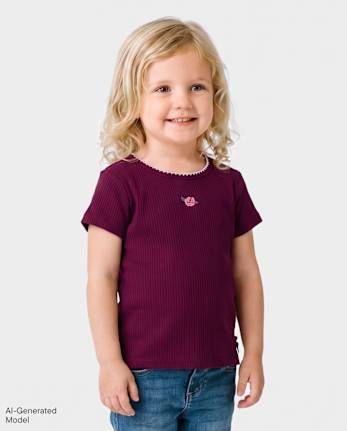 Toddler Girls Embroidered Ribbed Tee - SUGAR BEET