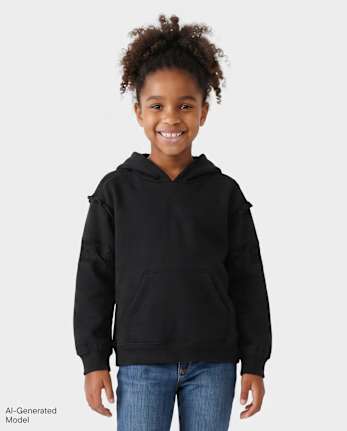 Girls Lace Inset Premium Fleece Hoodie - BLACK