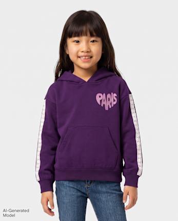 Girls Puff Print Lace Stripe Premium Fleece Hoodie - IRIS INK CL