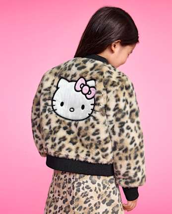 Toddler Girls Hello Kitty® Leopard Embroidered Faux Fur Bomber Jacket - SEA SHELL