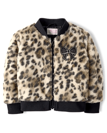 Toddler Girls Hello Kitty® Leopard Embroidered Faux Fur Bomber Jacket - SEA SHELL