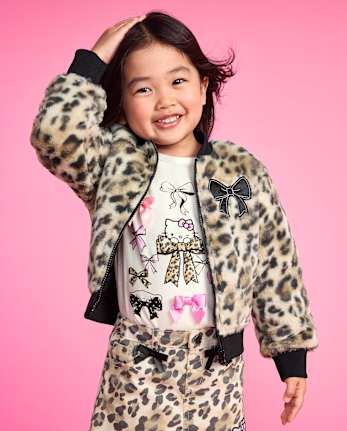 Toddler Girls Hello Kitty® Leopard Embroidered Faux Fur Bomber Jacket - SEA SHELL