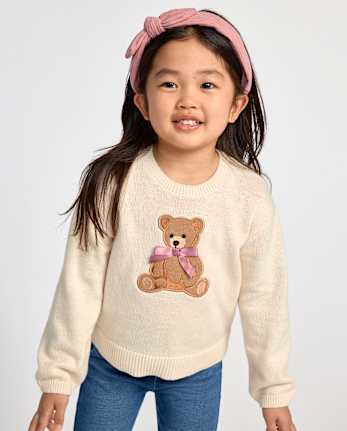 Toddler Girls Embroidered Bear Sweater