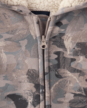 Boys Camo Premium Fleece Sherpa Lined Zip Up Hoodie