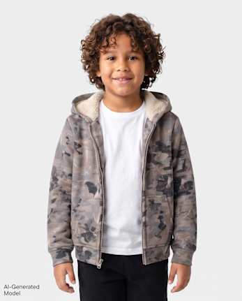 Boys Camo Premium Fleece Sherpa Lined Zip Up Hoodie - FOGGY HARBOR