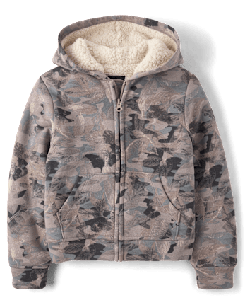 Boys Camo Premium Fleece Sherpa Lined Zip Up Hoodie
