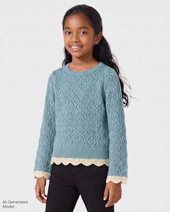 Girls Scalloped Pointelle Sweater - STORMWATER