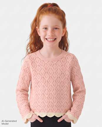 Girls Scalloped Pointelle Sweater - PINK MELON