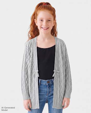 Girls Laced Bow Cable Knit Cardigan - H/T MIST