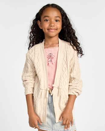 Girls Lace Up Bow Cable Knit Cardigan