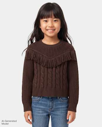 Girls Fringe Shaker Stitch Sweater - FUDGE