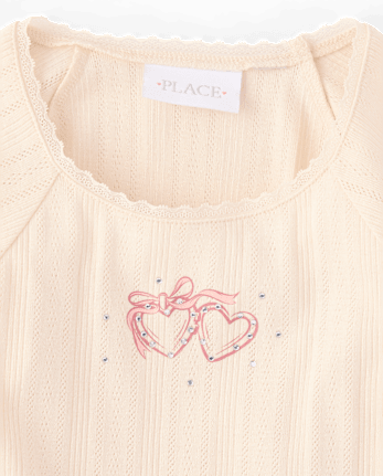 Girls Rhinestone Graphic Pointelle Top