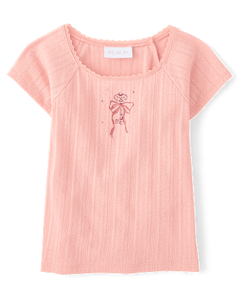 Girls Rhinestone Graphic Pointelle Top