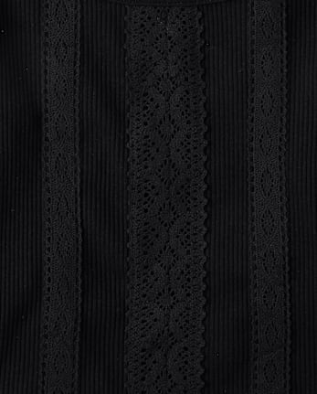 T-shirt bébé côtelé avec bordure en dentelle au crochet pour fille - BLACK