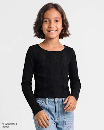 T-shirt bébé côtelé avec bordure en dentelle au crochet pour fille - BLACK