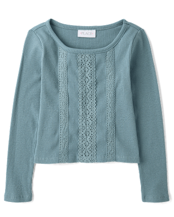 Girls Crochet Lace Trim Ribbed Top