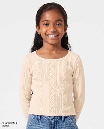 T-shirt bébé côtelé avec bordure en dentelle au crochet pour fille - FRAPPE
