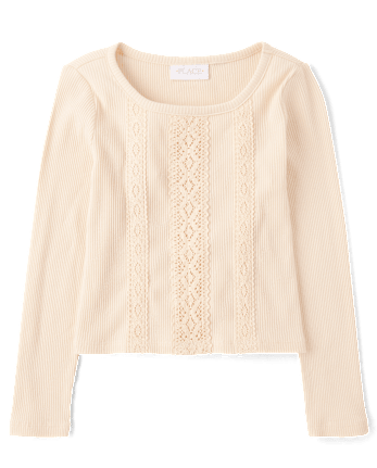 Girls Crochet Lace Trim Ribbed Top