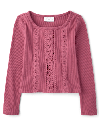 Girls Crochet Lace Trim Ribbed Top