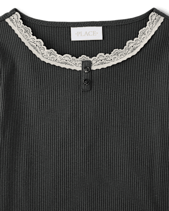 Girls Lace Neck Ribbed Henley Top