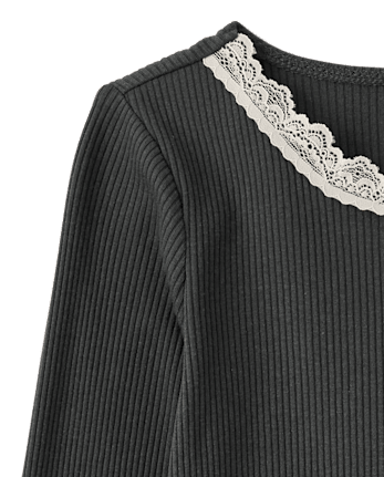 Girls Lace Neck Ribbed Henley Top