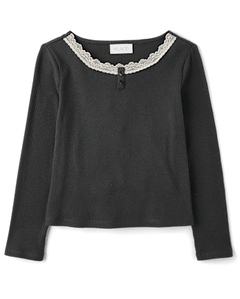 Girls Lace Neck Ribbed Henley Top