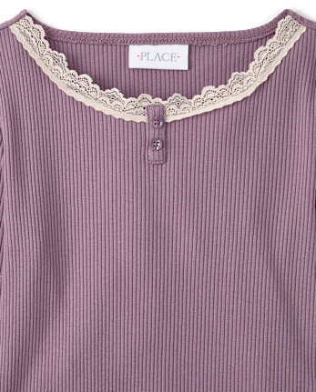 Girls Lace Neck Ribbed Henley Top