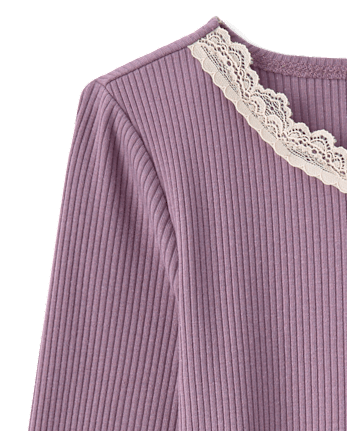 Girls Lace Neck Ribbed Henley Top