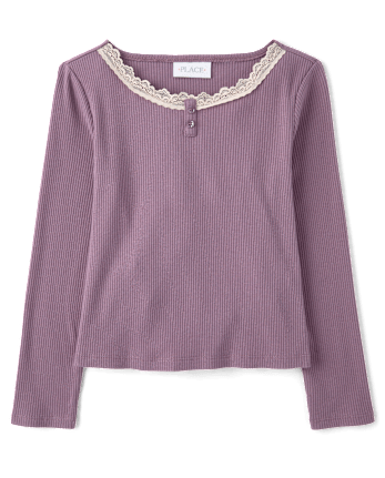 Girls Lace Neck Ribbed Henley Top