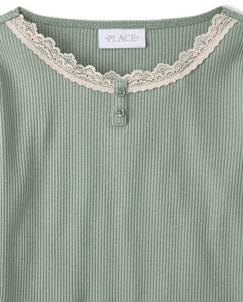 Girls Lace Neck Ribbed Henley Top