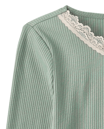 Girls Lace Neck Ribbed Henley Top