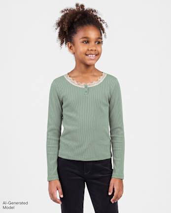 \Haut Henley côtelé à col en dentelle pour fille\ - GLASS GREEN CL