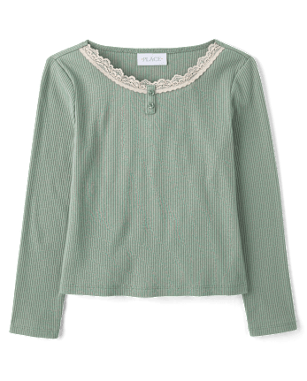 Girls Lace Neck Ribbed Henley Top