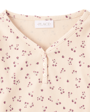 Girls Floral V-Neck Ribbed Henley Top