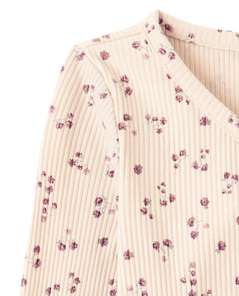 Girls Floral V-Neck Ribbed Henley Top