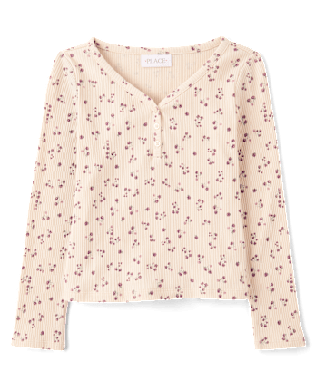 Girls Floral V-Neck Ribbed Henley Top