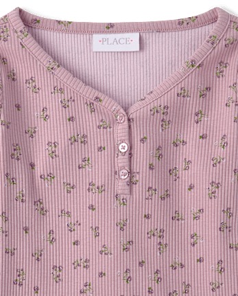 Girls Floral V-Neck Ribbed Henley Top