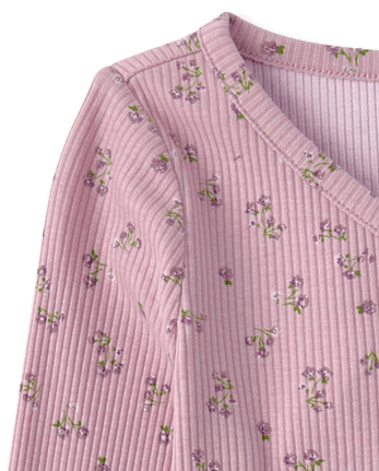 Girls Floral V-Neck Ribbed Henley Top