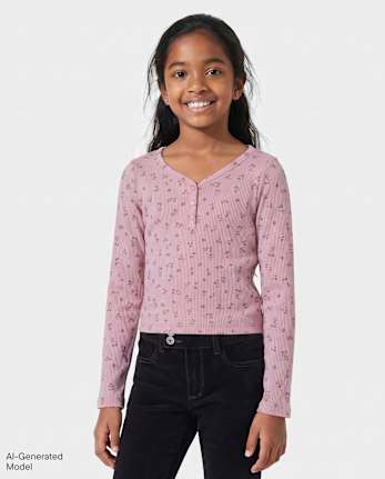 \Haut Henley côtelé à col en V fleuri pour filles\ - ANTIQUE IRIS CL