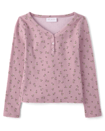 Girls Floral V-Neck Ribbed Henley Top