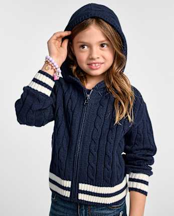 Girls Tipped Cable Knit Zip Up Sweater Hoodie