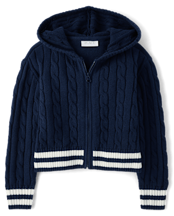 Girls Tipped Cable Knit Zip Up Sweater Hoodie