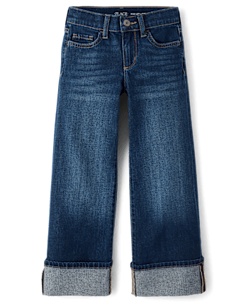 Girls Roll Cuff Wide Leg Jeans