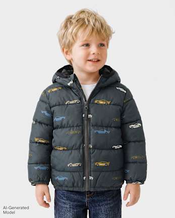 Toddler Boys Print Hooded Puffer Jacket - MOTOROIL
