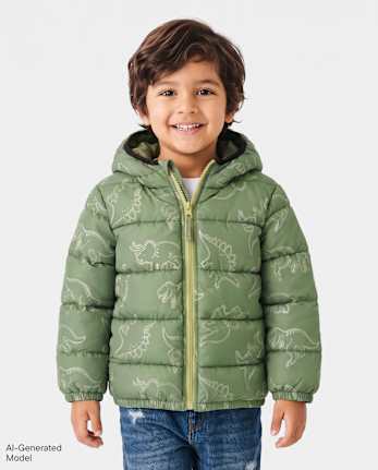 Toddler Boys Print Hooded Puffer Jacket - OLIVE