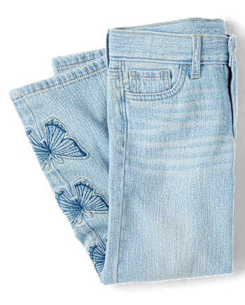 Girls Applique Butterfly Wide Leg Jeans