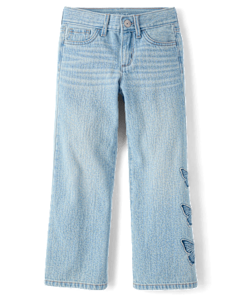 Girls Applique Butterfly Wide Leg Jeans